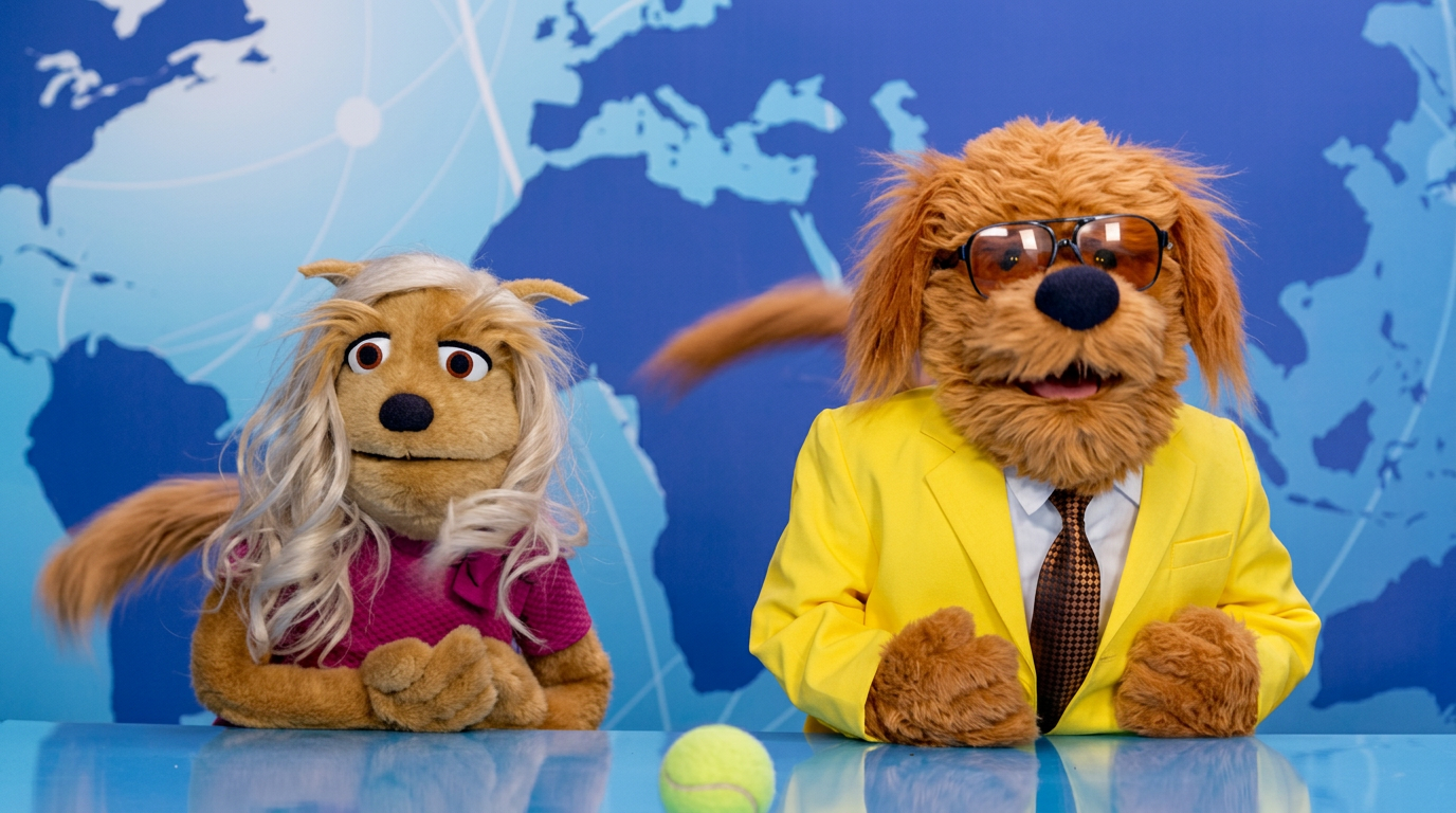 Bark Barkington and co-anchor puppets at the WUF World News desk with a tennis ball