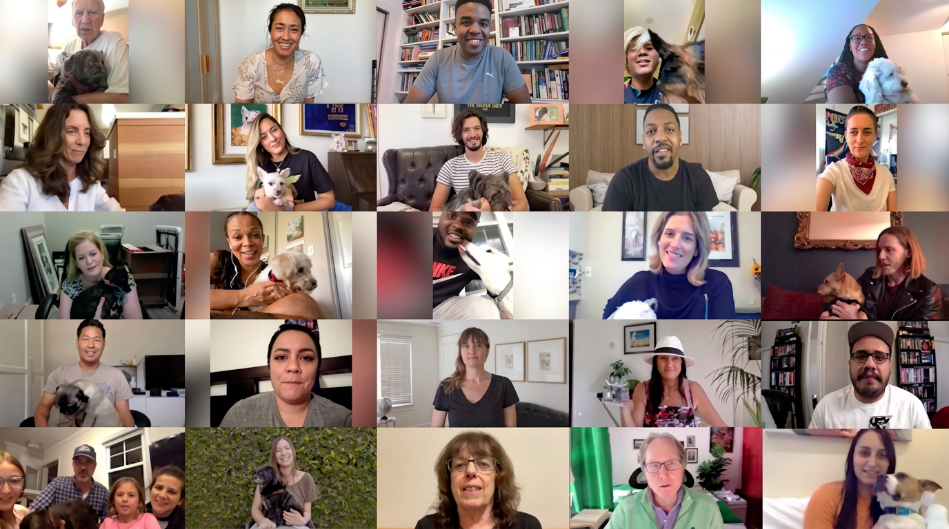 Grid of people and their pets joining a WUF virtual gathering from home